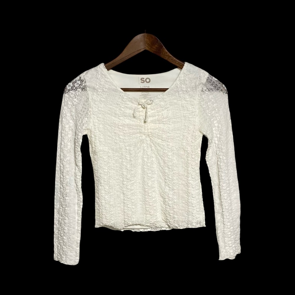SO White Textured Floral Lace Long Sleeve‎ Cinched Bow Top Women's L 10/12